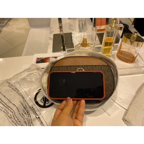MICHAEL KORS JET SET GLAM Small Front Pocket Oval Crossbody Logo Canvas NWT $398